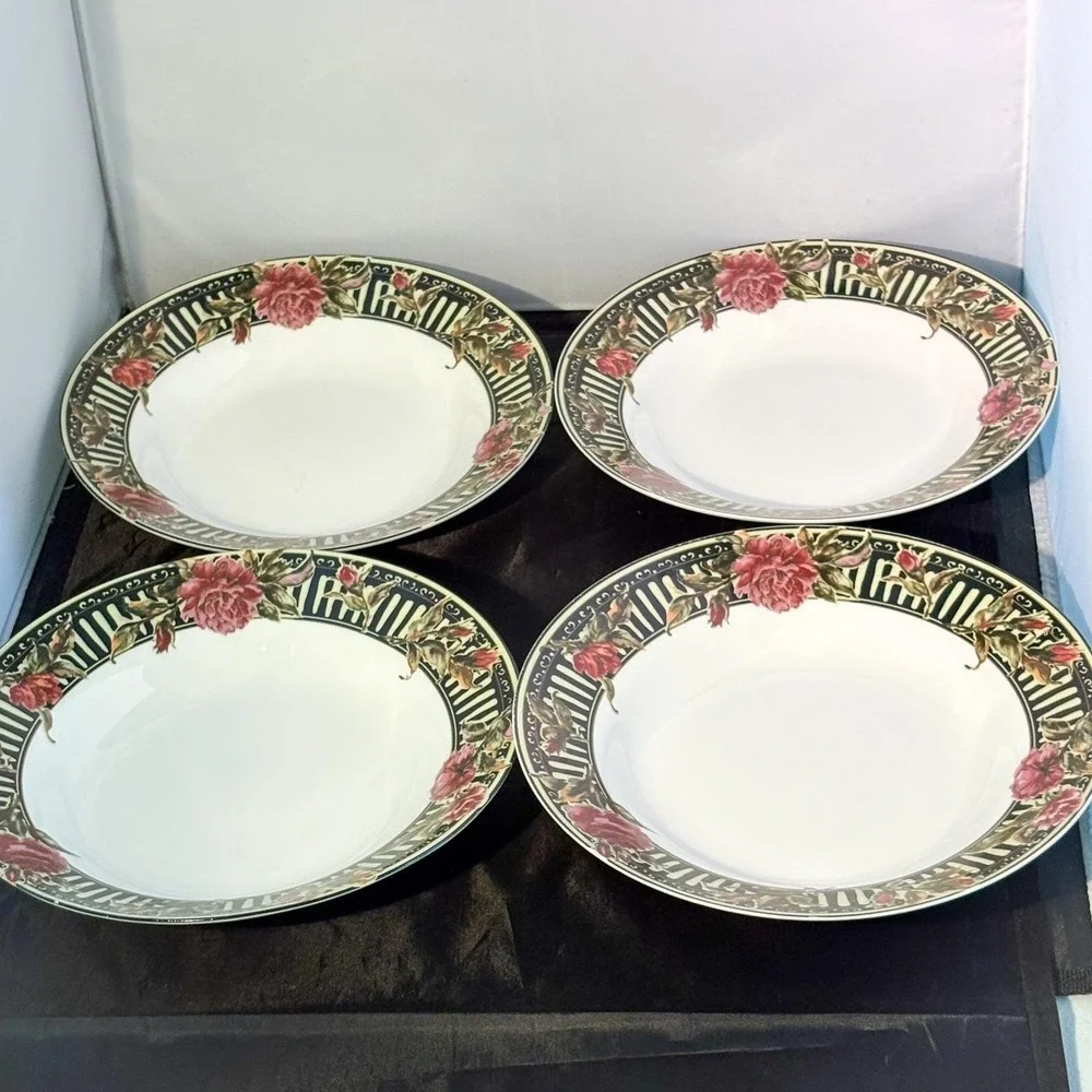 Gibson China Rose Floral Soup Bowls 4 & Dessert Plates 3 Black White Striped